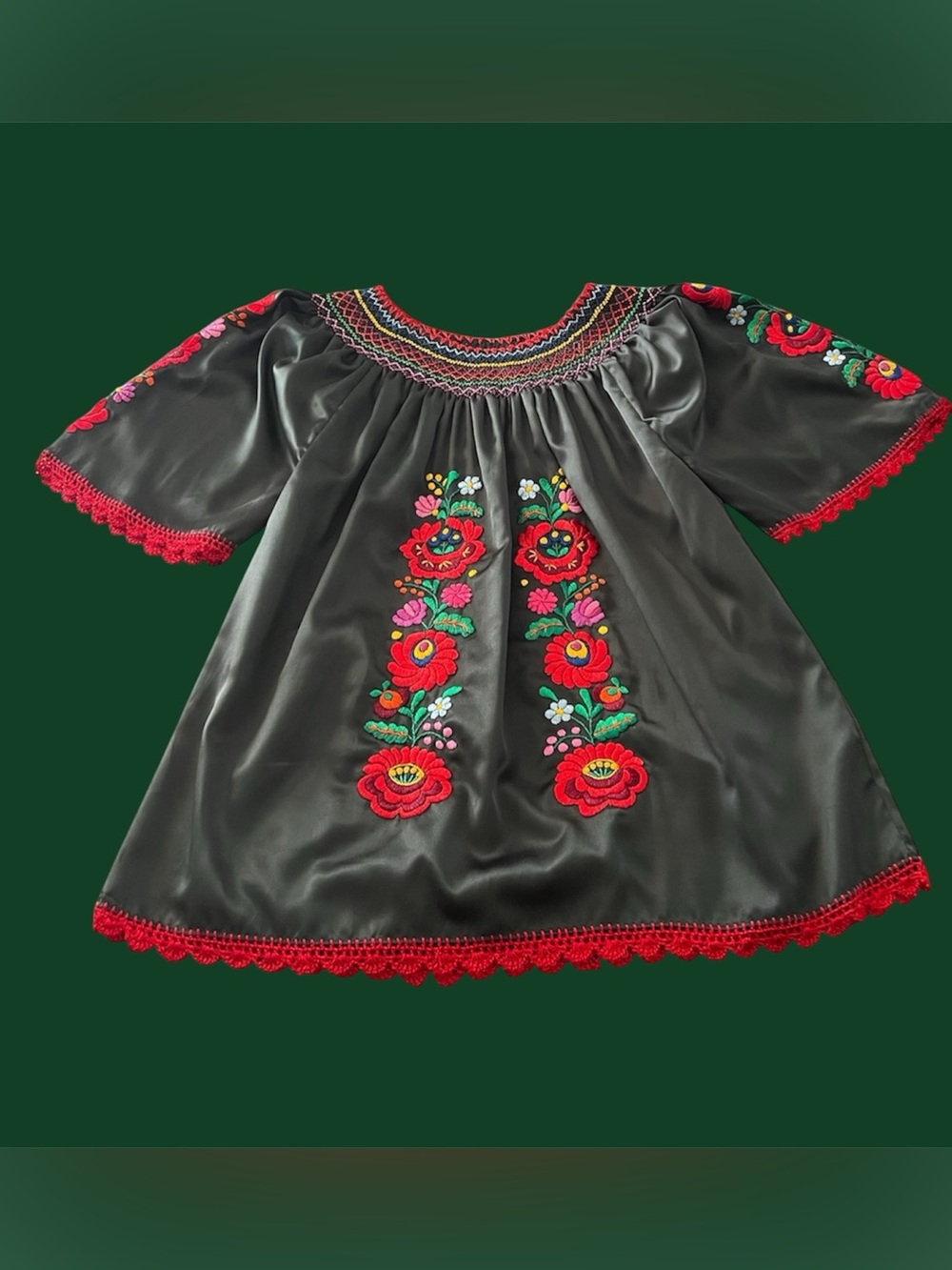 Gorgeous Hungarian Blouse Black Floral Red Trim Crocheted Soft Size M/L